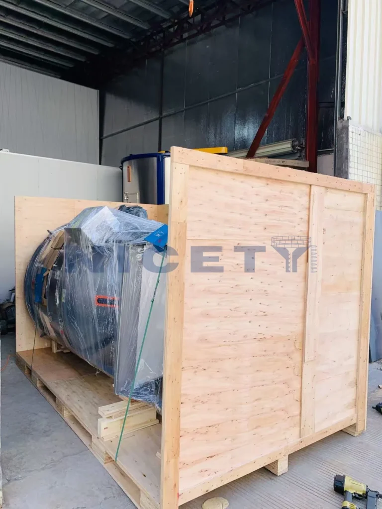 Vertical silo mixer packaged in heavy-duty wooden crate for export LCL shipping