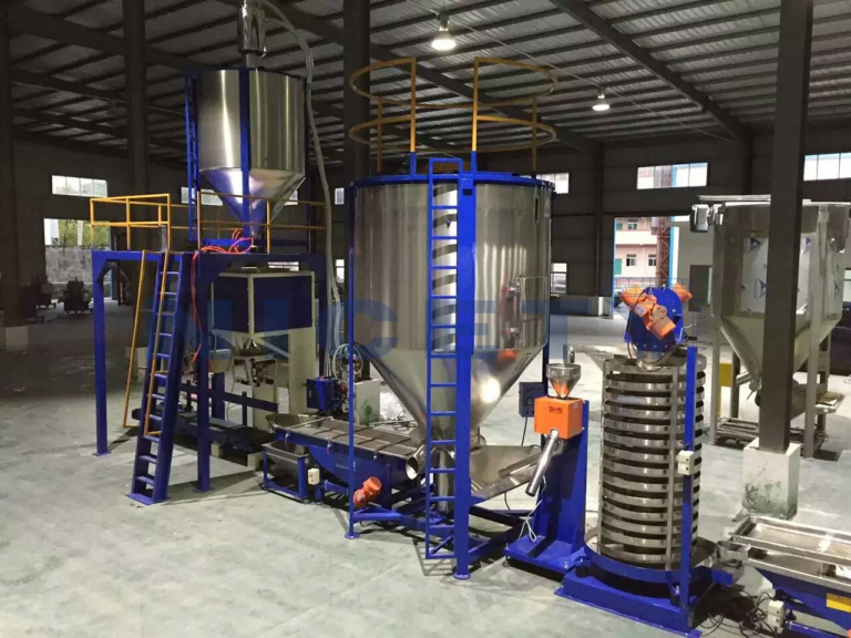 Turnkey downstream compounding auxiliary line delivered for ABS compounding in Thailand, featuring vertical batch mixer, vibrating spiral elevator, vibrating classifier, and bagging station.
